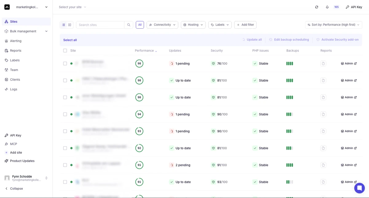 Übersicht der betreuten WordPress-Websites mit Performance-Wert, ausstehenden Updates, Sicherheitswert, PHP-Status und Backups