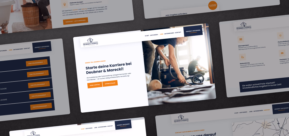 Mehrere Unterseiten der Website von Deubner & Marecki, vorn die Karriereseite