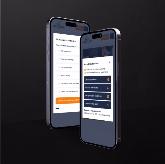 Angebotsformular und Kontaktfenster der Website von Deubner & Marecki auf zwei Smartphones