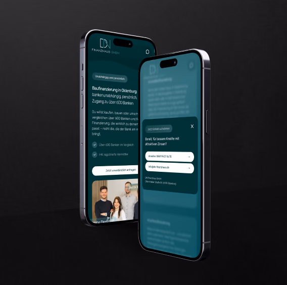 Startseite und Kontaktfenster der Website von DN Finanzhaus auf zwei Smartphones