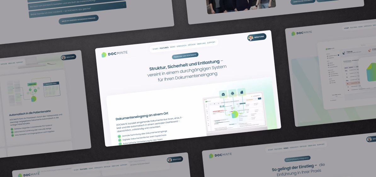 Mehrere Unterseiten der DOCMAiTE-Website in der Übersicht