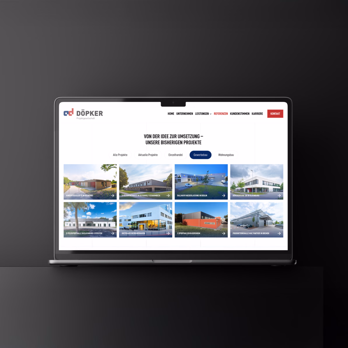 Referenzübersicht der DÖPKER-Website mit Projektfotos auf einem Laptop