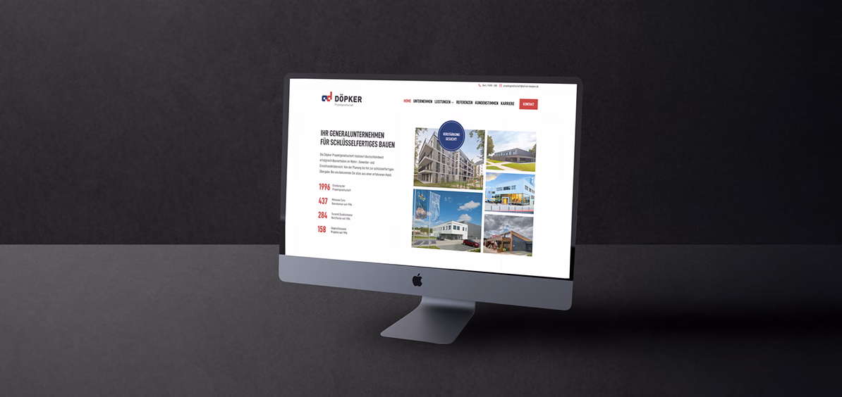 Startseite der DÖPKER-Website mit Kennzahlen und Gebäudefotos auf einem Desktop-Monitor
