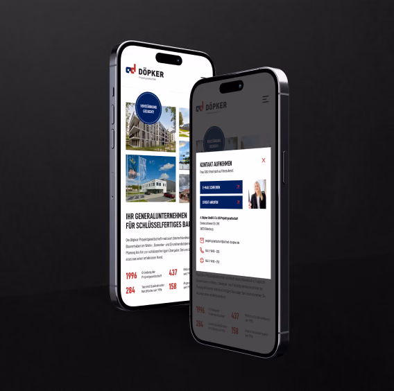 Startseite und Kontaktfenster der DÖPKER-Website auf zwei Smartphones