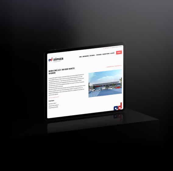 Projektseite der DÖPKER-Website zu einem Supermarkt-Neubau auf einem Tablet