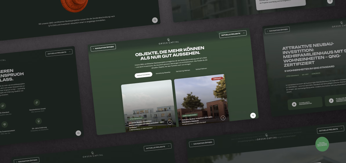 Mehrere Unterseiten der Website von Green Capital, vorn die Objektübersicht