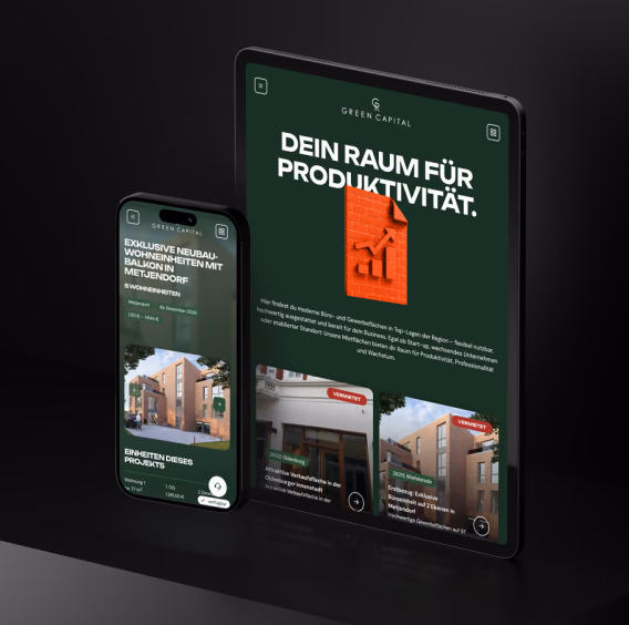 Website von Green Capital auf Smartphone und Tablet mit Wohn- und Gewerbeobjekten