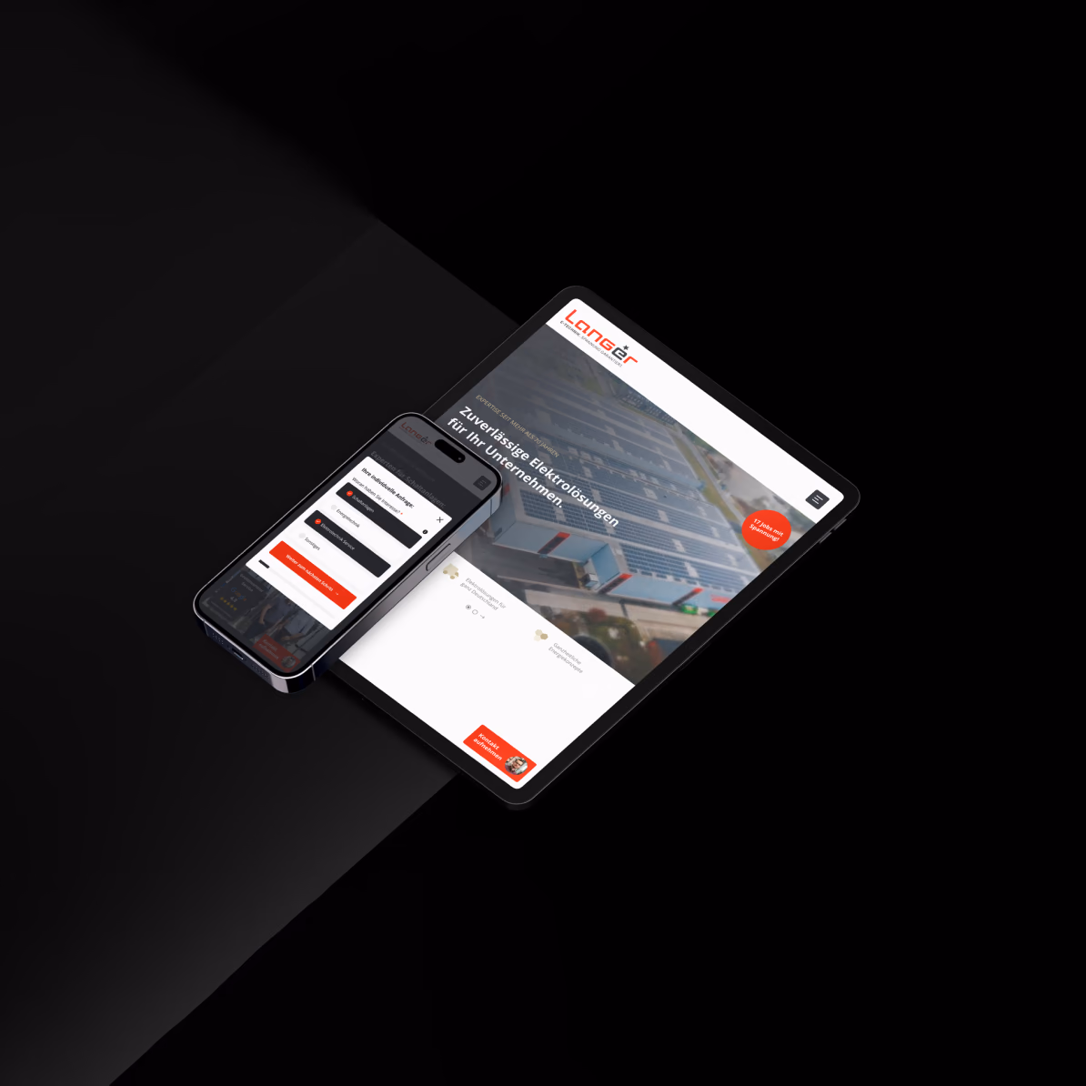 Startseite und Anfrageformular der Website von Langer E-Technik auf Tablet und Smartphone