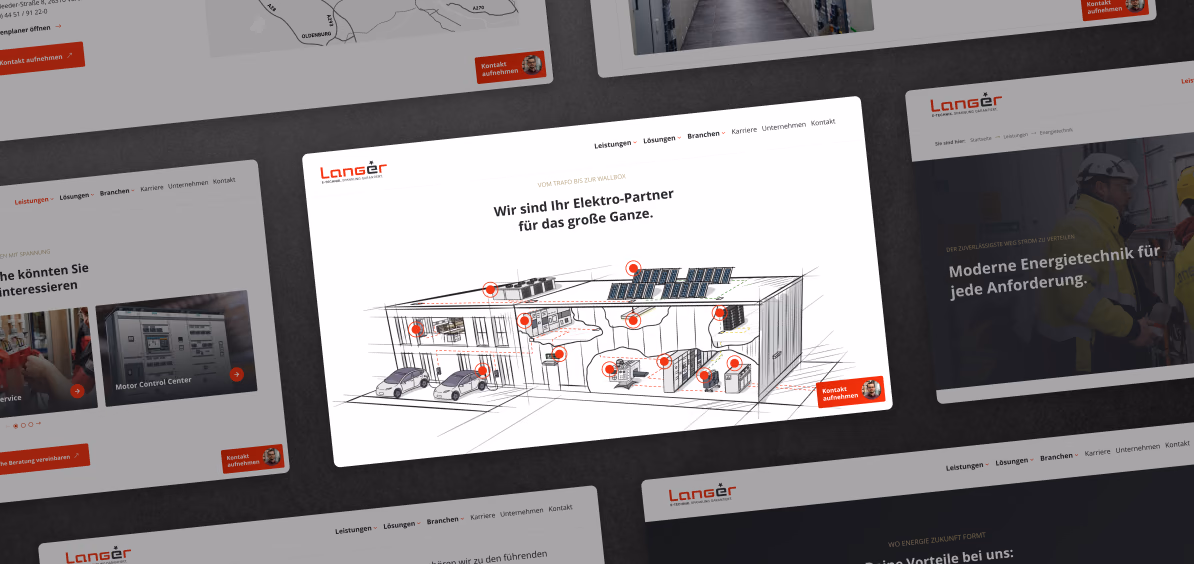 Mehrere Unterseiten der Website von Langer E-Technik, vorn eine Gebäudeillustration