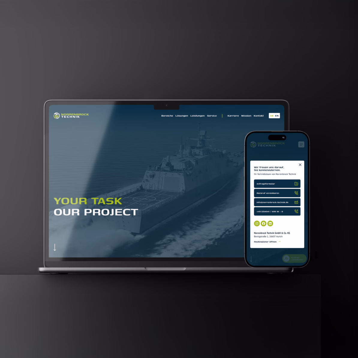 Website von Norrenbrock Technik auf Laptop und Smartphone mit Startseite und Kontaktfenster