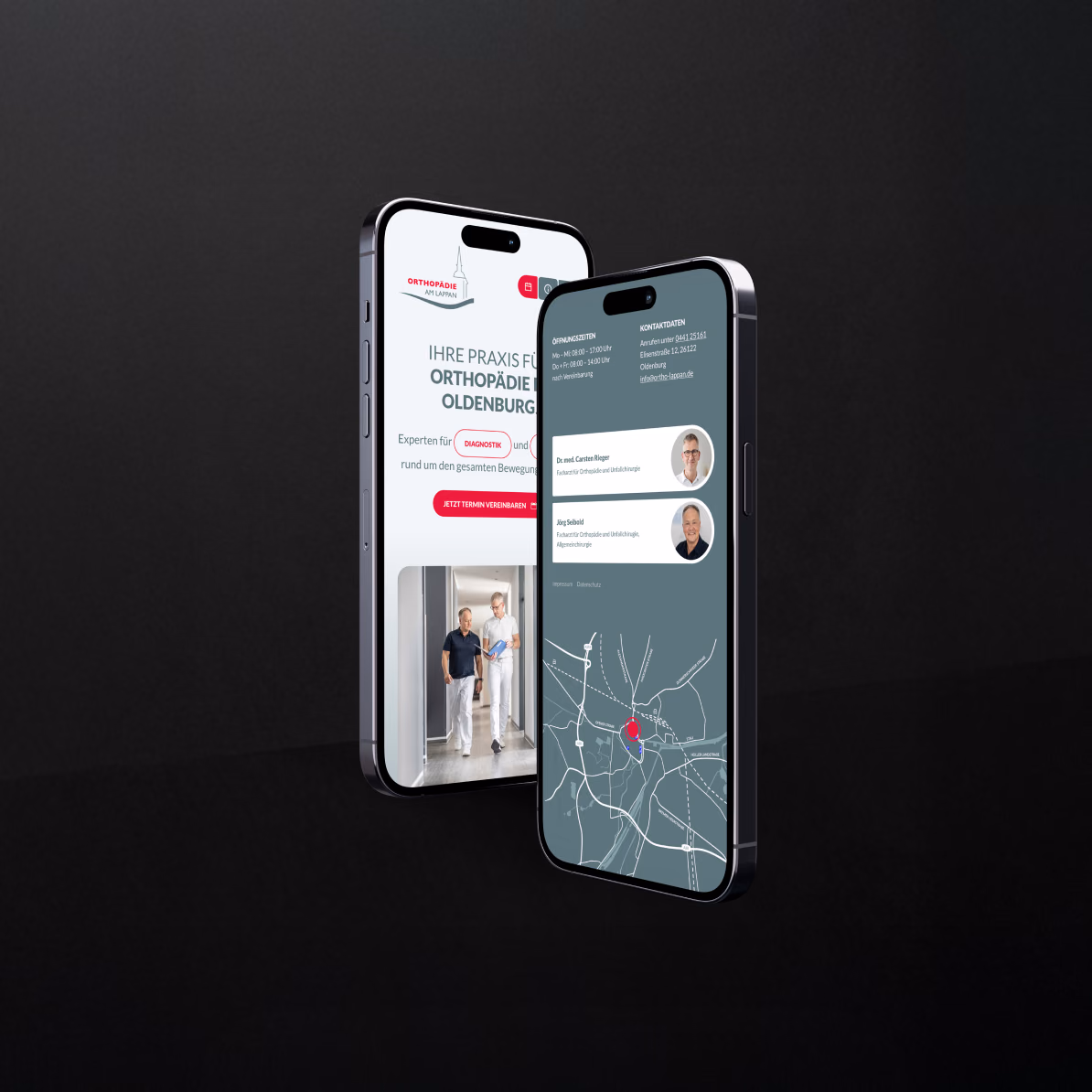 Startseite und Kontaktbereich der Website der Orthopädie am Lappan auf zwei Smartphones