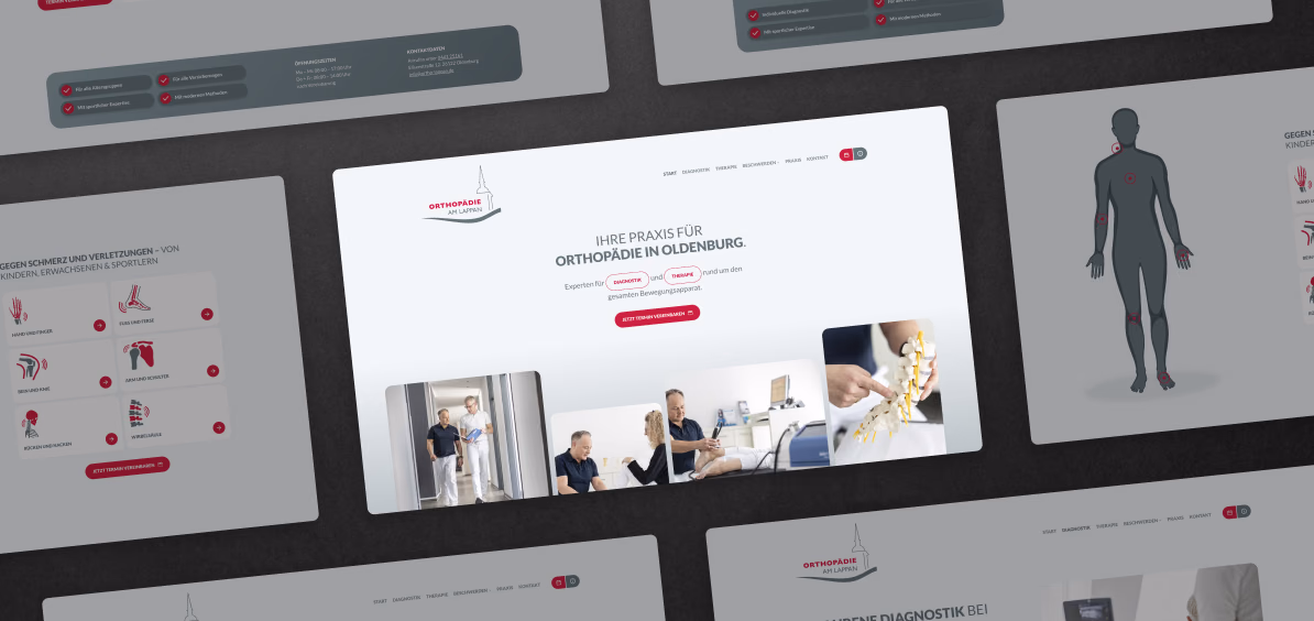 Mehrere Unterseiten der Website der Orthopädie am Lappan, vorn die Startseite