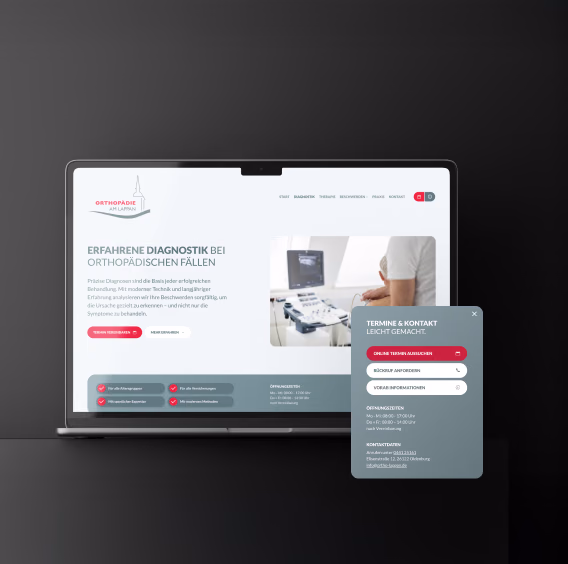 Diagnostikseite der Website der Orthopädie am Lappan auf einem Laptop mit Kontaktfenster