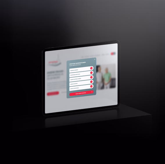 Hinweisfenster zum Praxisbesuch auf der Website der Orthopädie am Lappan auf einem Tablet