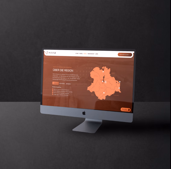 Seite zur Region mit Karte auf der PINNØ-Website auf einem Desktop-Monitor