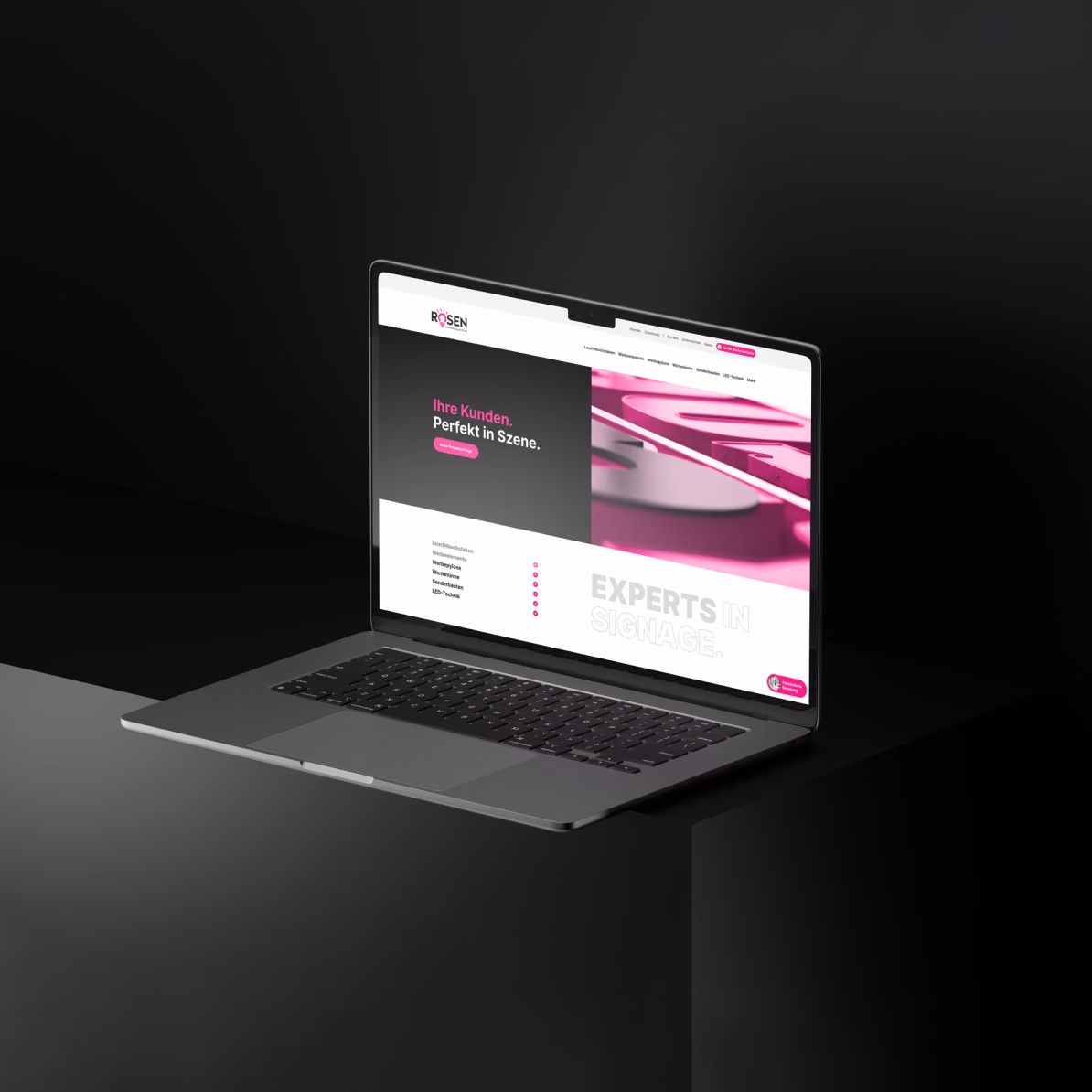 Startseite der ROSEN-Website mit Produktnavigation auf einem Laptop