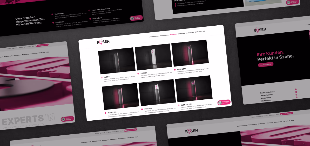 Mehrere Unterseiten der ROSEN-Website, vorn die Übersicht der Werbepylone
