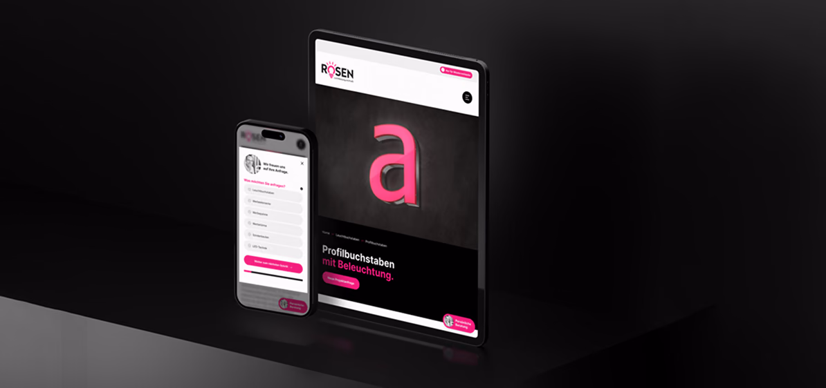 Anfrageformular und Seite zu Profilbuchstaben der ROSEN-Website auf Smartphone und Tablet