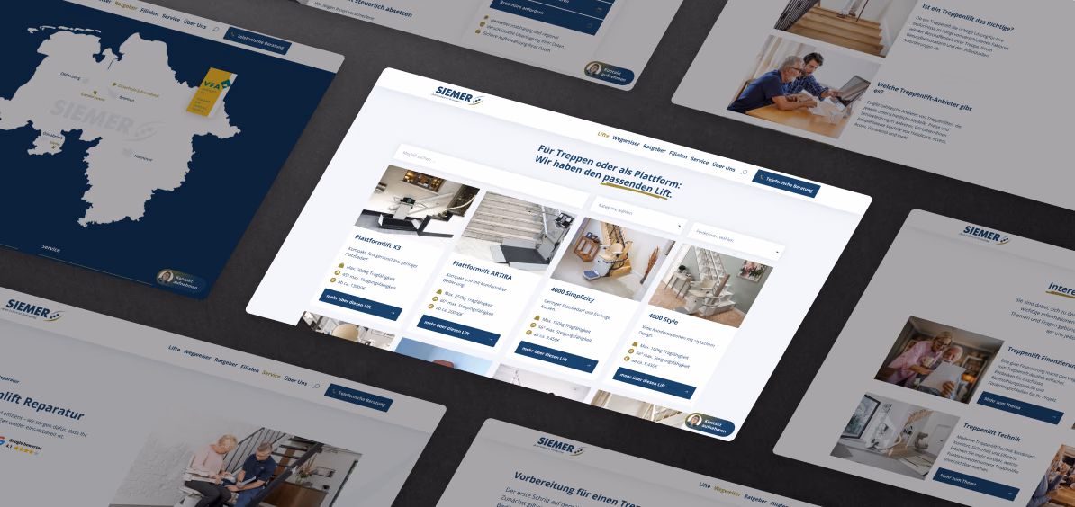 Mehrere Unterseiten der Website von Siemer Treppenlifte, vorn die Liftübersicht