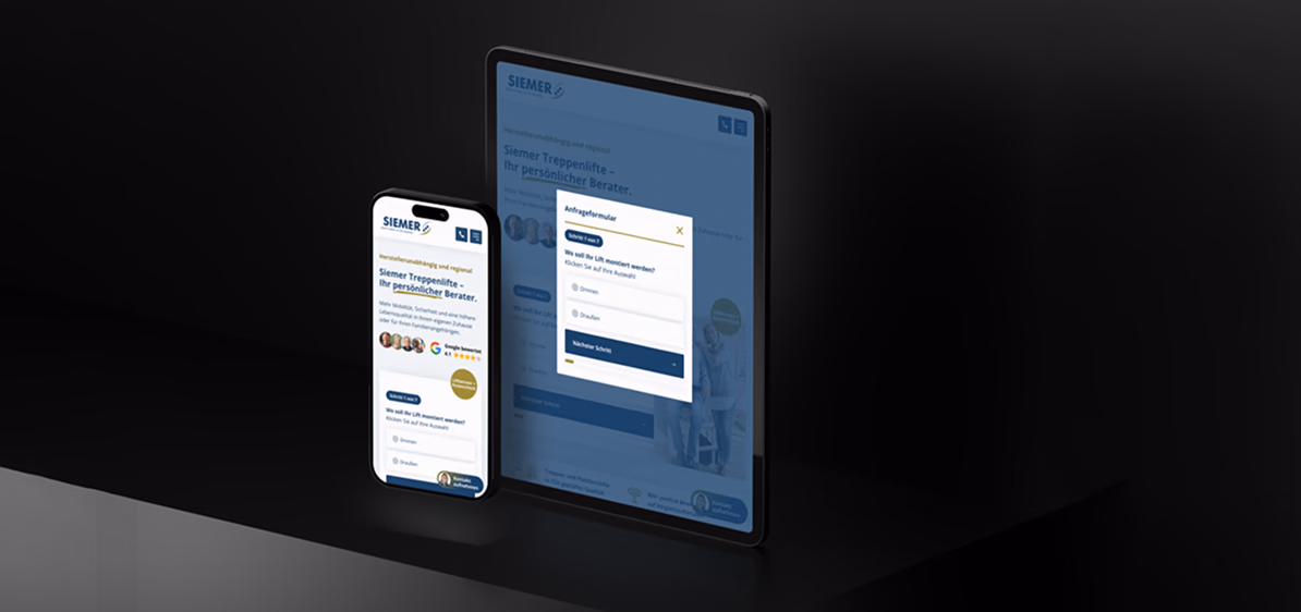 Startseite und Anfrageformular der Website von Siemer Treppenlifte auf Smartphone und Tablet