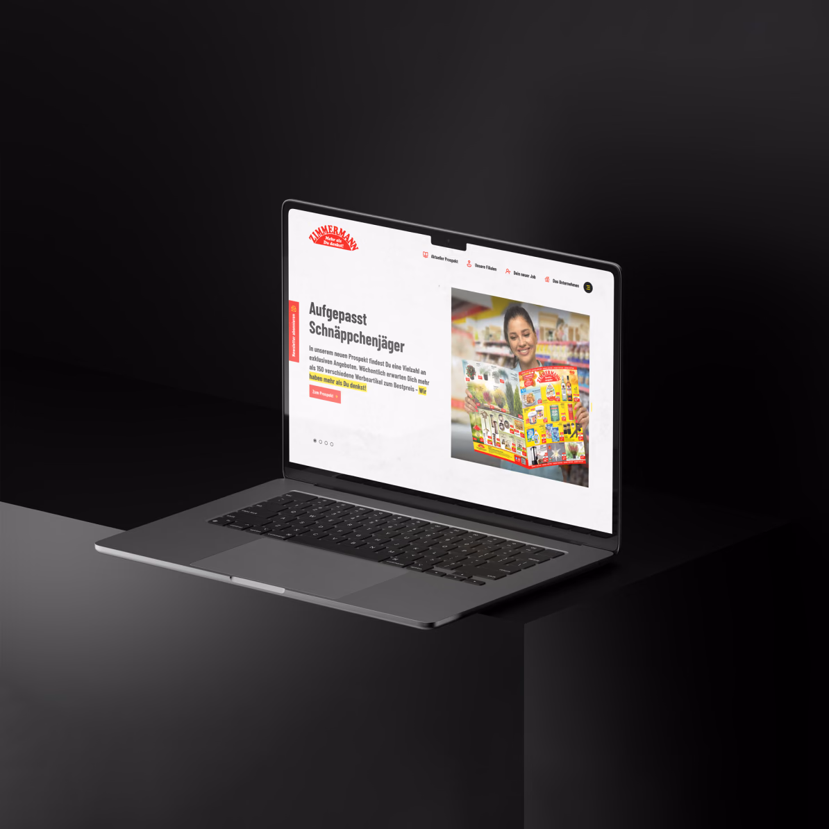 Startseite der Zimmermann-Website mit Prospekt-Teaser auf einem Laptop