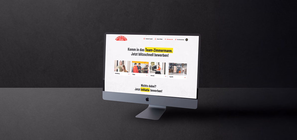 Karriereseite der Zimmermann-Website mit Jobbereichen auf einem Desktop-Monitor