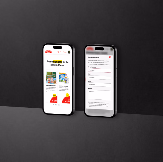 Wochenangebote und Kontaktformular der Zimmermann-Website auf zwei Smartphones