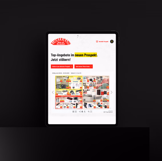 Prospektseite der Zimmermann-Website mit Blätterkatalog auf einem Tablet